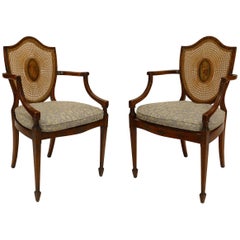Antique Pair of English Sheraton Satinwood Shield Armchairs