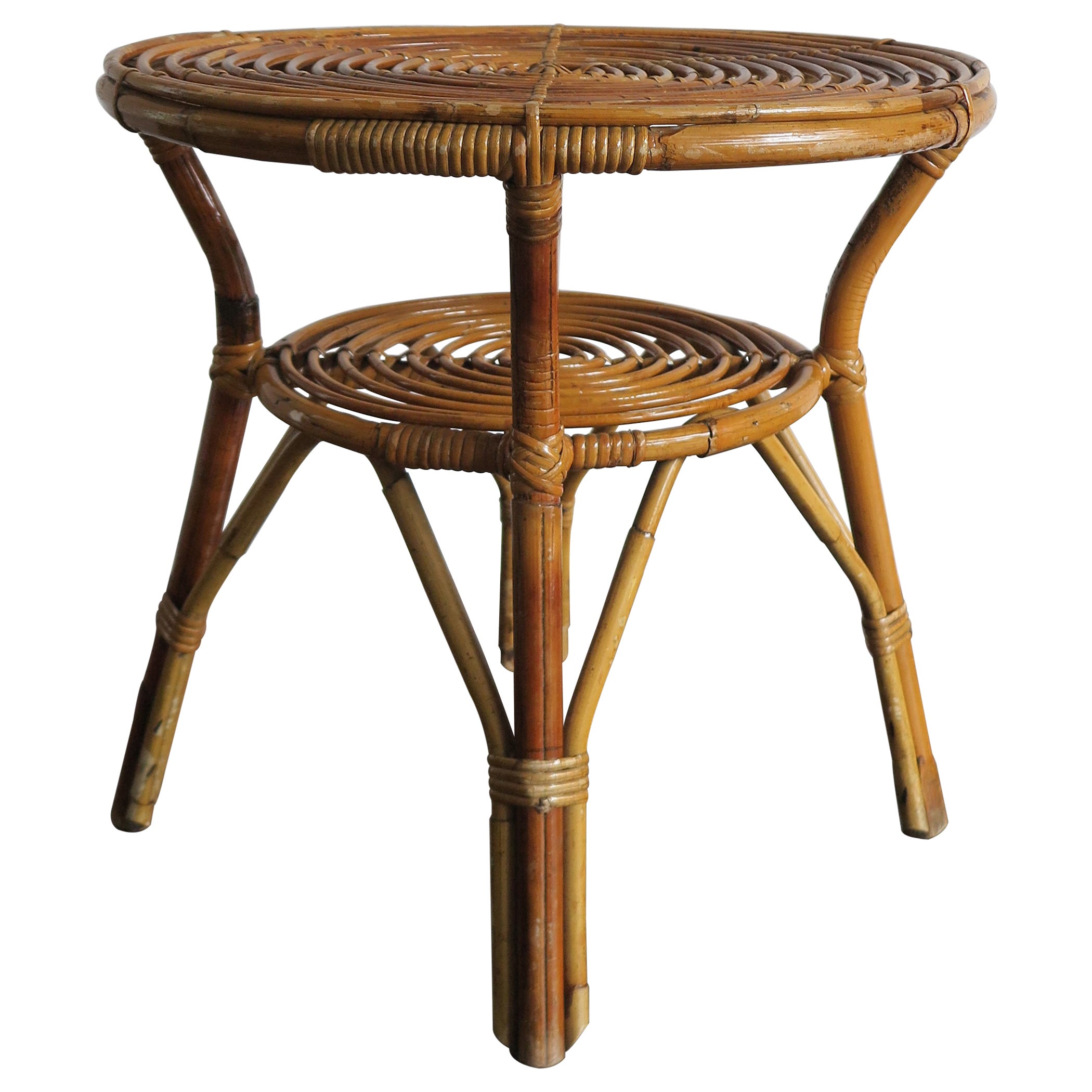 Tavolo da divano o tavolino da caffè italiano in rattan e bambù, stile Bonacina, anni '50