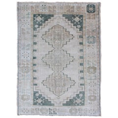 Turkish Vintage Oushak Rug with Tribal Pattern in Gray Green and Neutral Tones