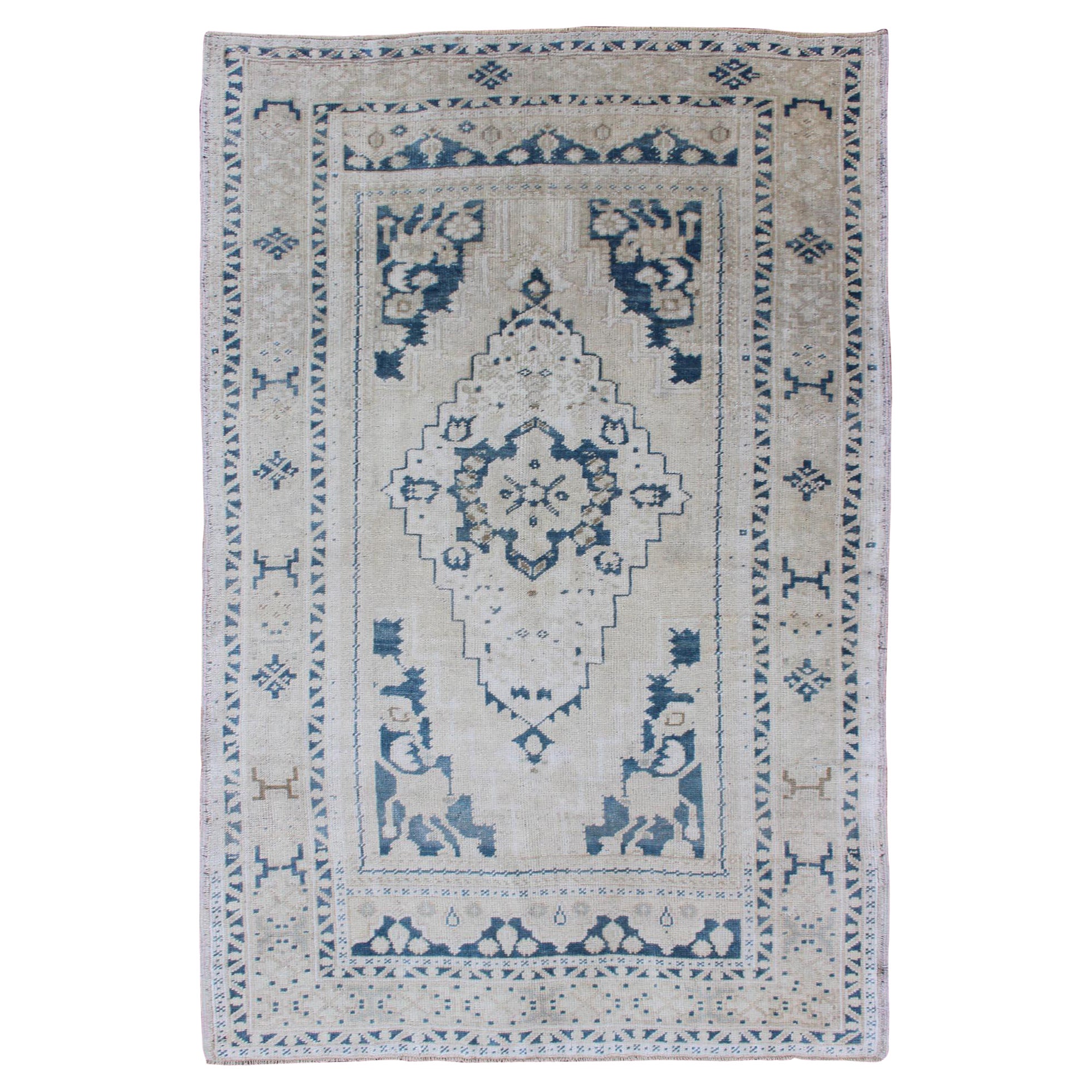 Vintage Hand Knotted Turkish Oushak Rug with Central Medallion in Blue and Cream