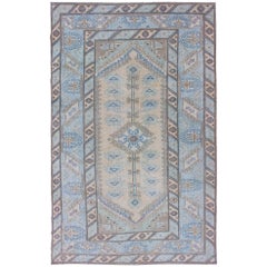 Faded Oushak Rug from Turkey with All Over Design in Blues and Cream
