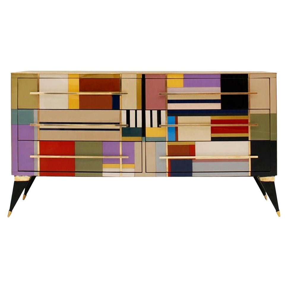 Mid-Century Modern Style Murano Glass and Brass Italian Sideboard by L.A. Studio For Sale