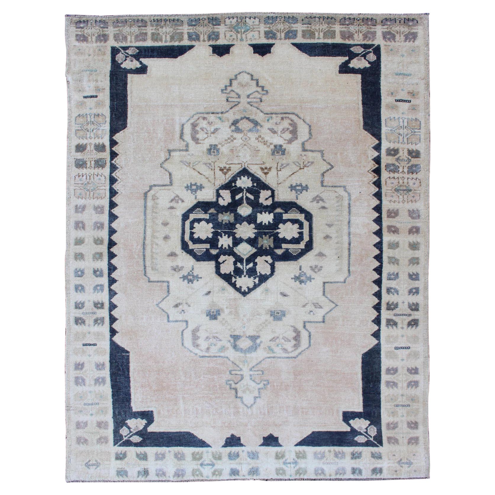 Vintage Hand Knotted Turkish Oushak Rug with Central Medallion in Blue and Cream For Sale