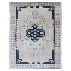 Vintage Hand Knotted Turkish Oushak Rug with Central Medallion in Blue and Cream