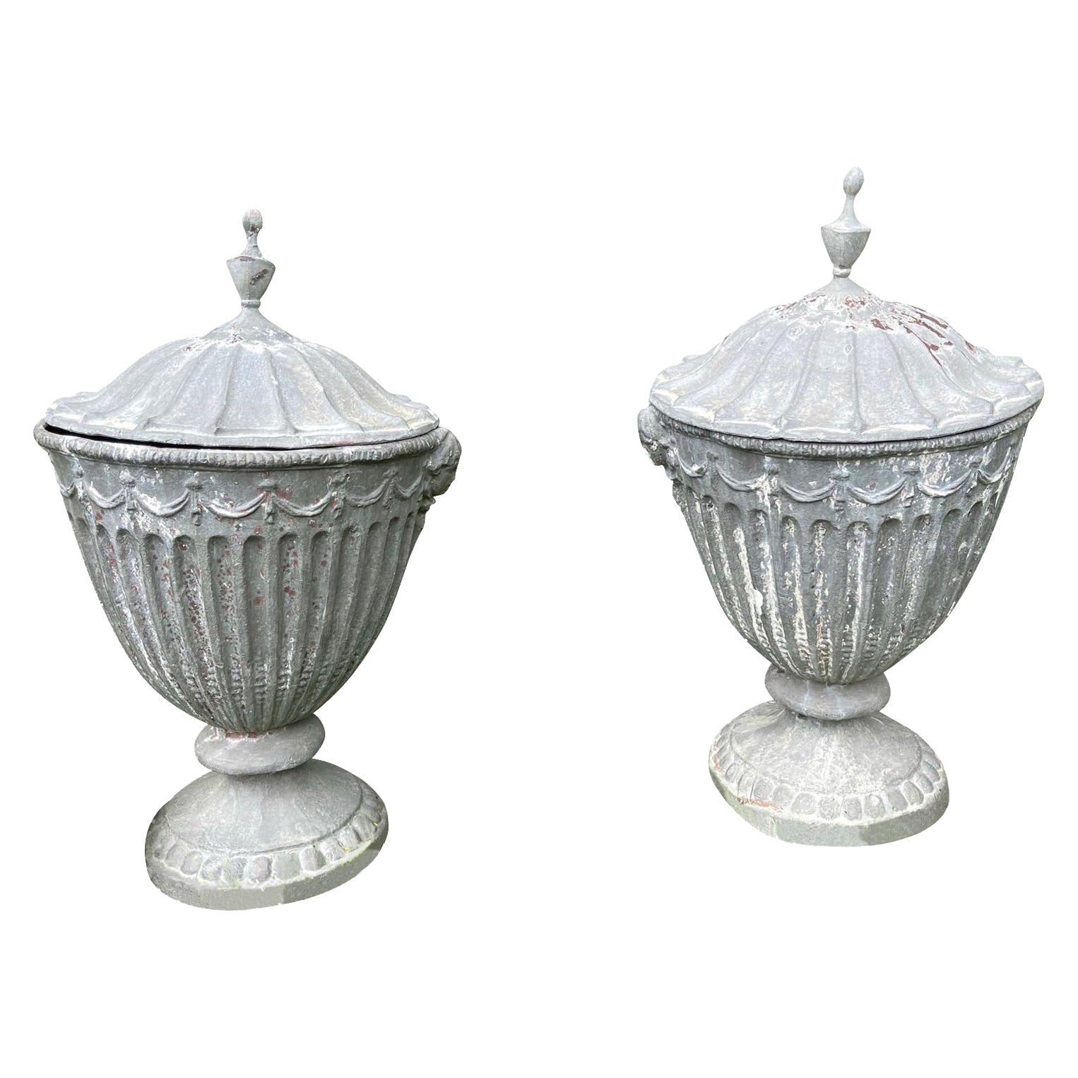 19th Century English Classical Pair of Lead Garden Urns with Covers Grey