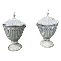 19th Century English Classical Pair of Lead Garden Urns with Covers Grey