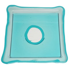 Plateau carré « Try-Tray » en aqua transparent et turquoise mat de Gaetano Pesce