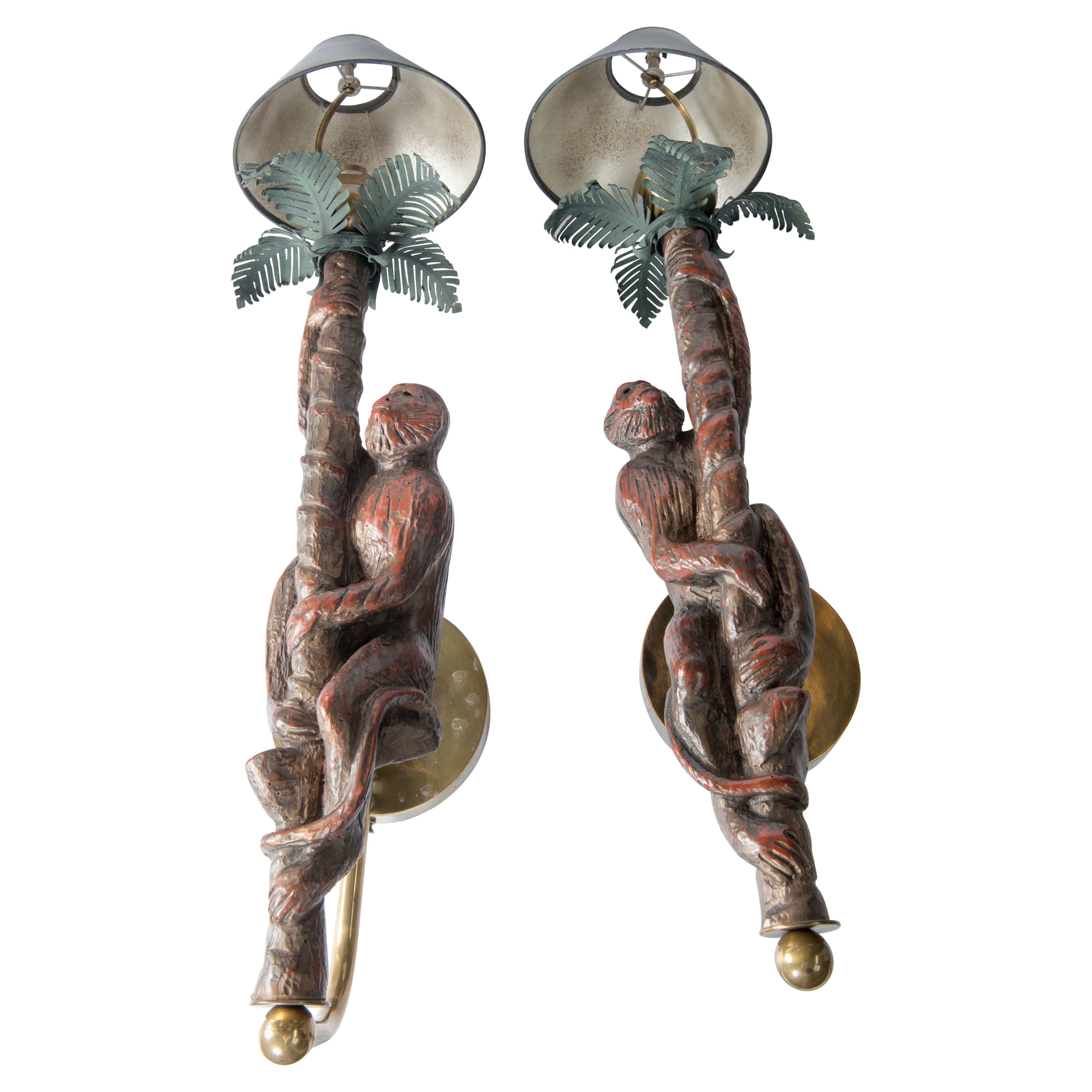 Large Pair of Carved Wood Monkey Sconces For Sale