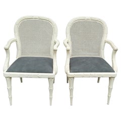 Pair of Syrie Maugham Style White Foliate Cane Back Arm Chairs