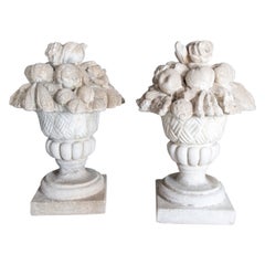 Pair Cast Stone Fruit & Flower Filled Urn Garden Ornaments