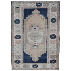 Vintage Turkish Oushak Rug with Stylized Medallion in Midnight Blue and Cream