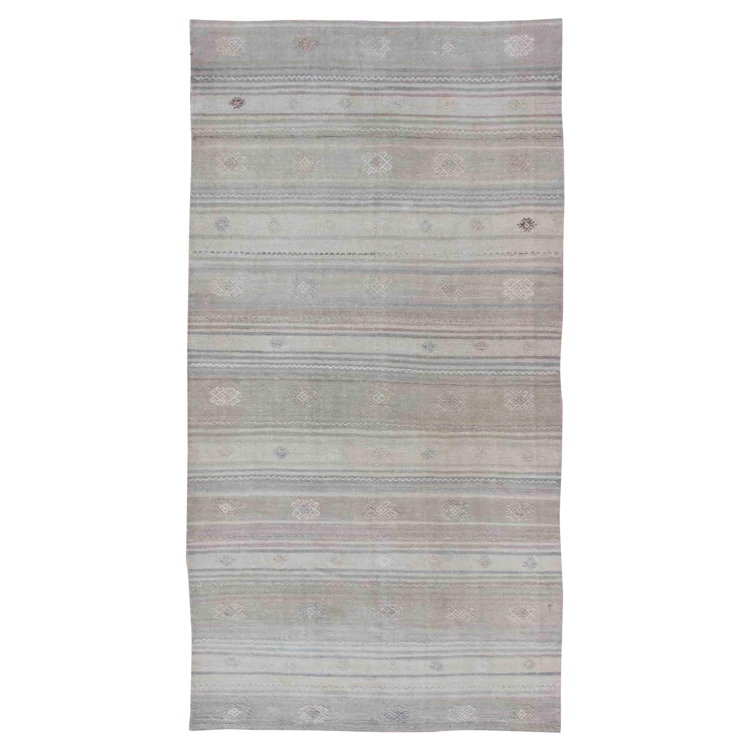 Vintage Hand Woven Turkish Kilim Runner With Stripes in Gray and Natural Tones