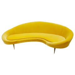 Curved Yellow Cotton Velvet and Brass Italian Sofa