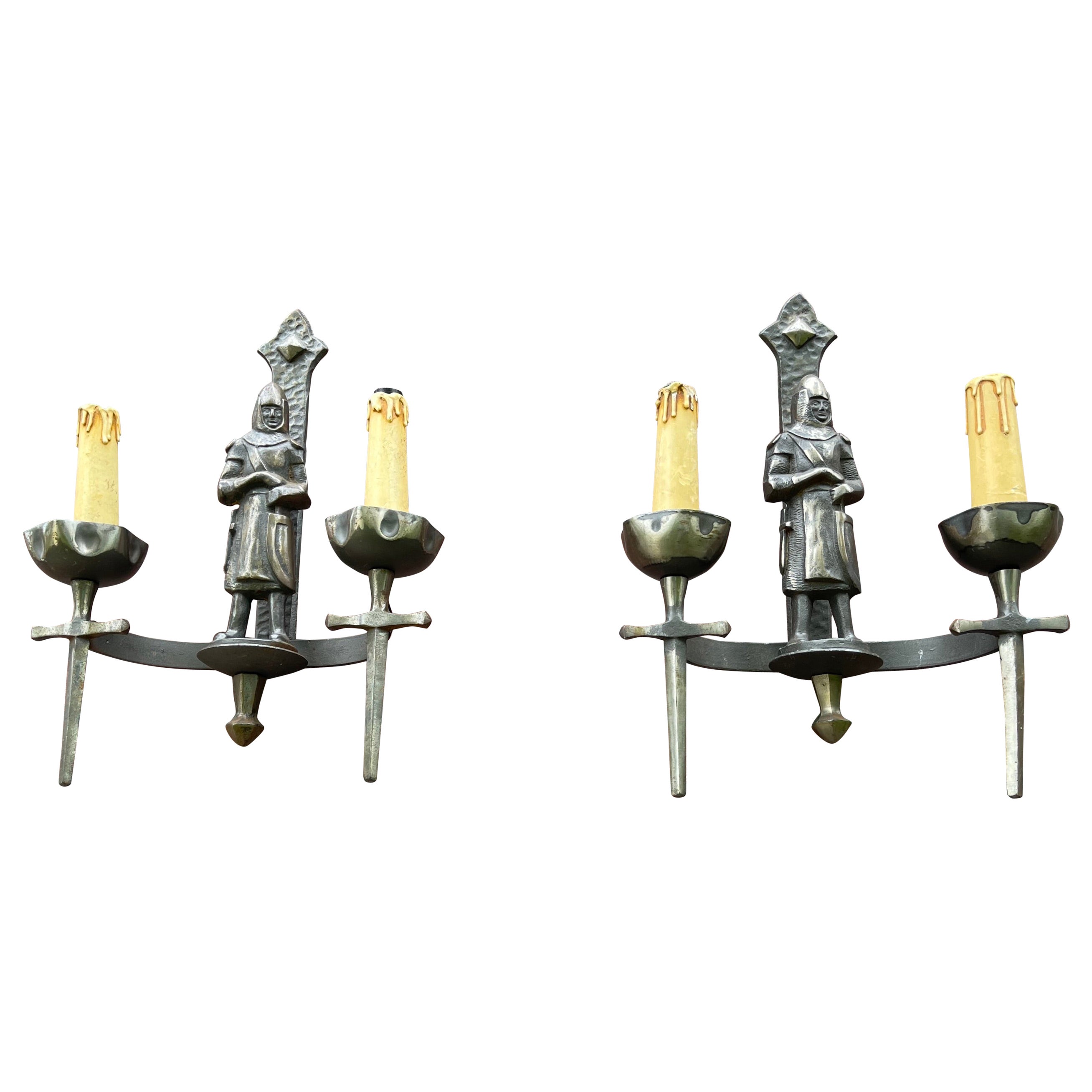 Rare Pair of Two-Light Gothic Revival Bronzed Knight with Swords Wall Sconces