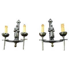 Rare Pair of Two-Light Gothic Revival Bronzed Knight with Swords Wall Sconces
