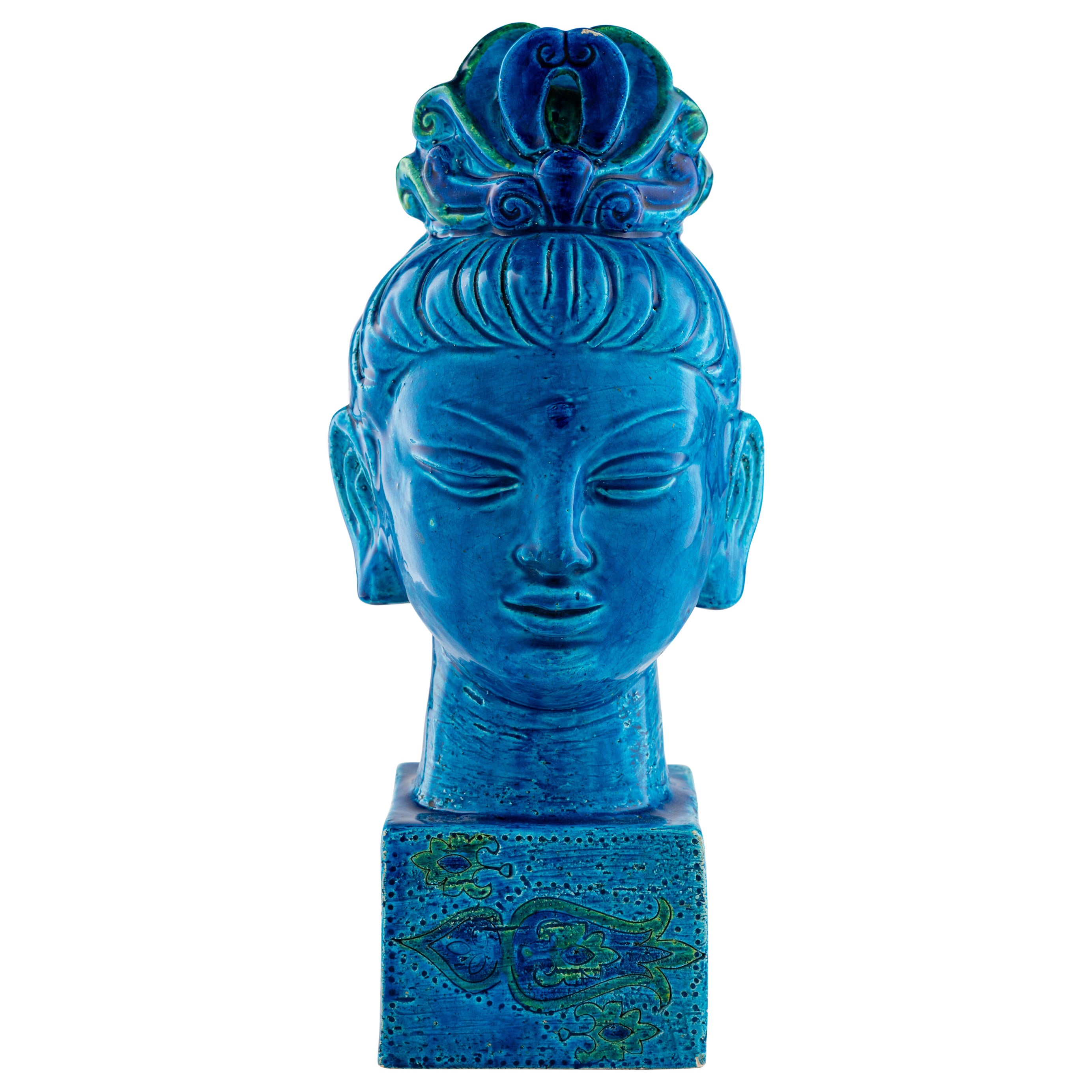 Bitossi Kwan Yin Buddha Coin Bank, Ceramic, Blue, Green Paisley, Signed For Sale