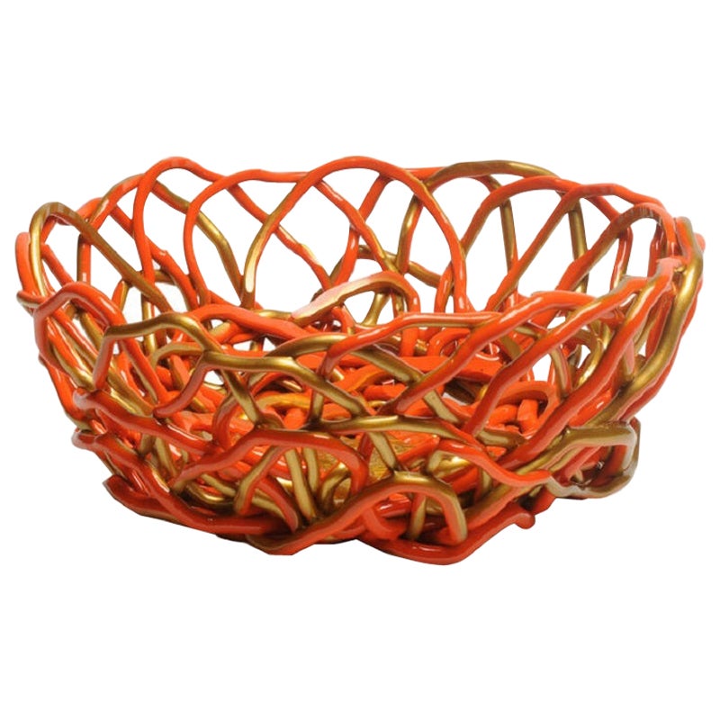 Tutti Frutti II Medium Resin Basket in Matt Orange and Gold by Gaetano Pesce