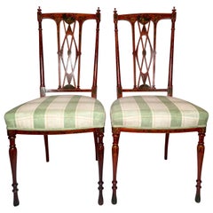Pair Antique English Edwardian Green Upholstered Painted Satinwood Side Chairs