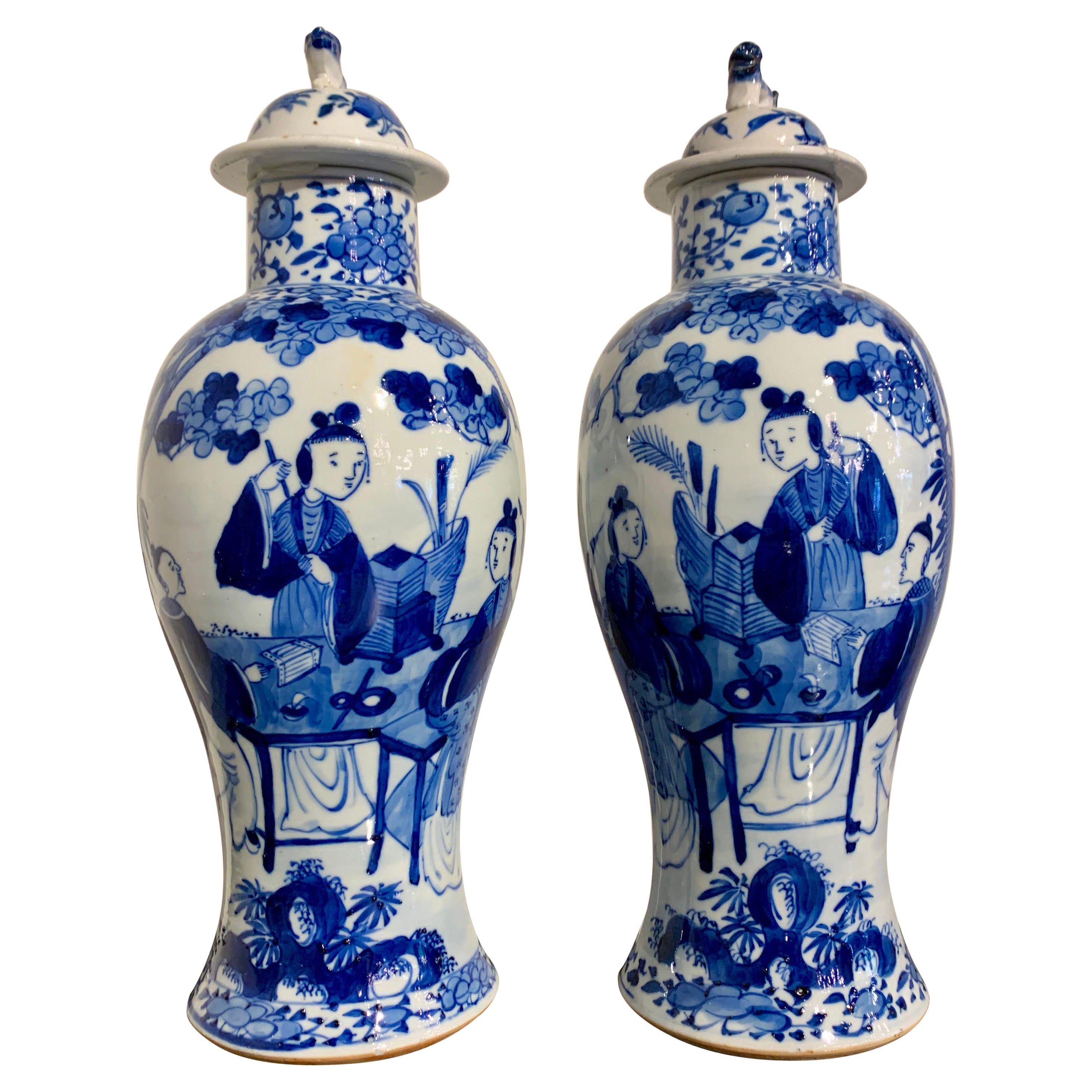 Pair Chinese Blue and White Covered Baluster Vases, Late 19th Century, China