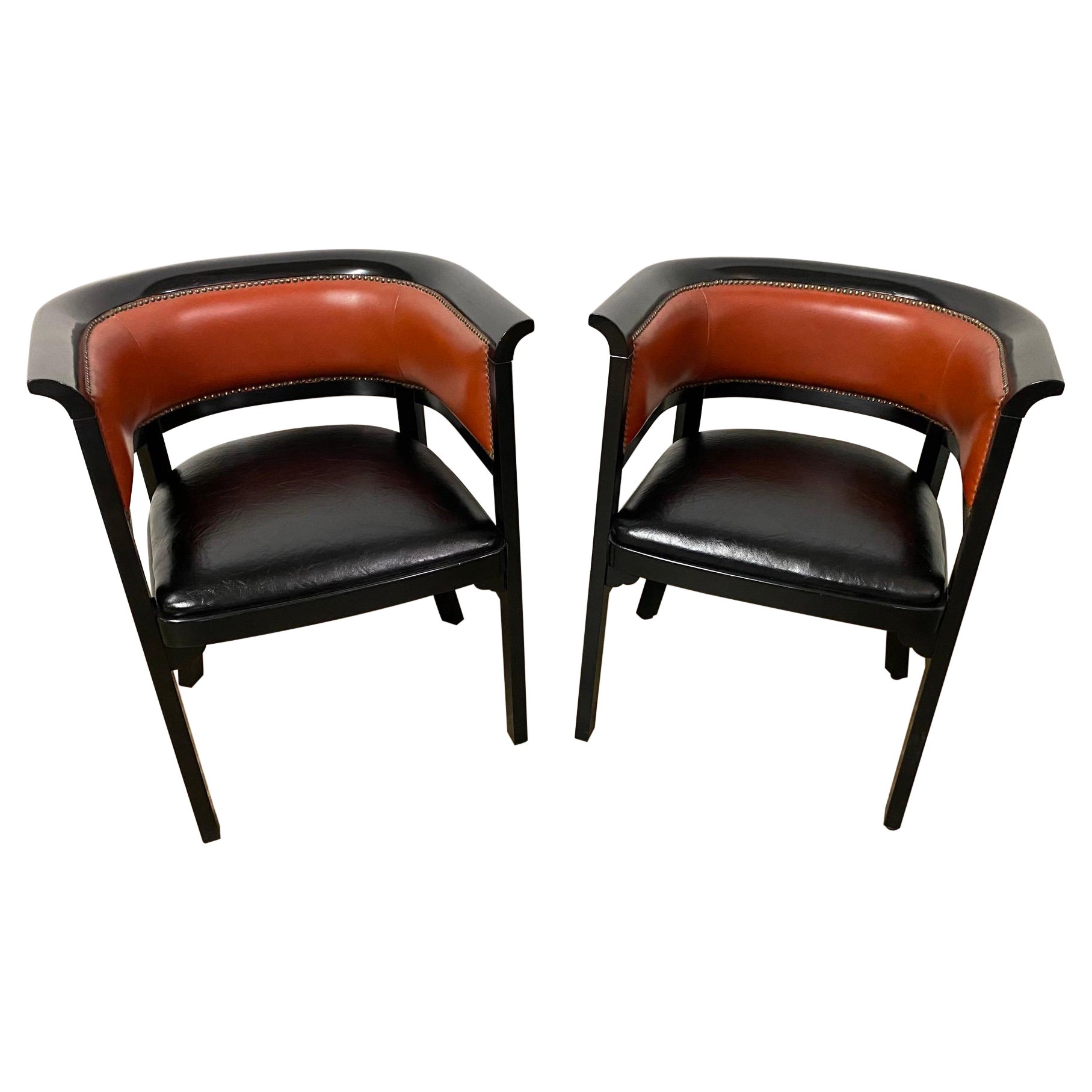Pair of Mid-Century Modern Ebony Black Lacquered Arm Chairs For Sale