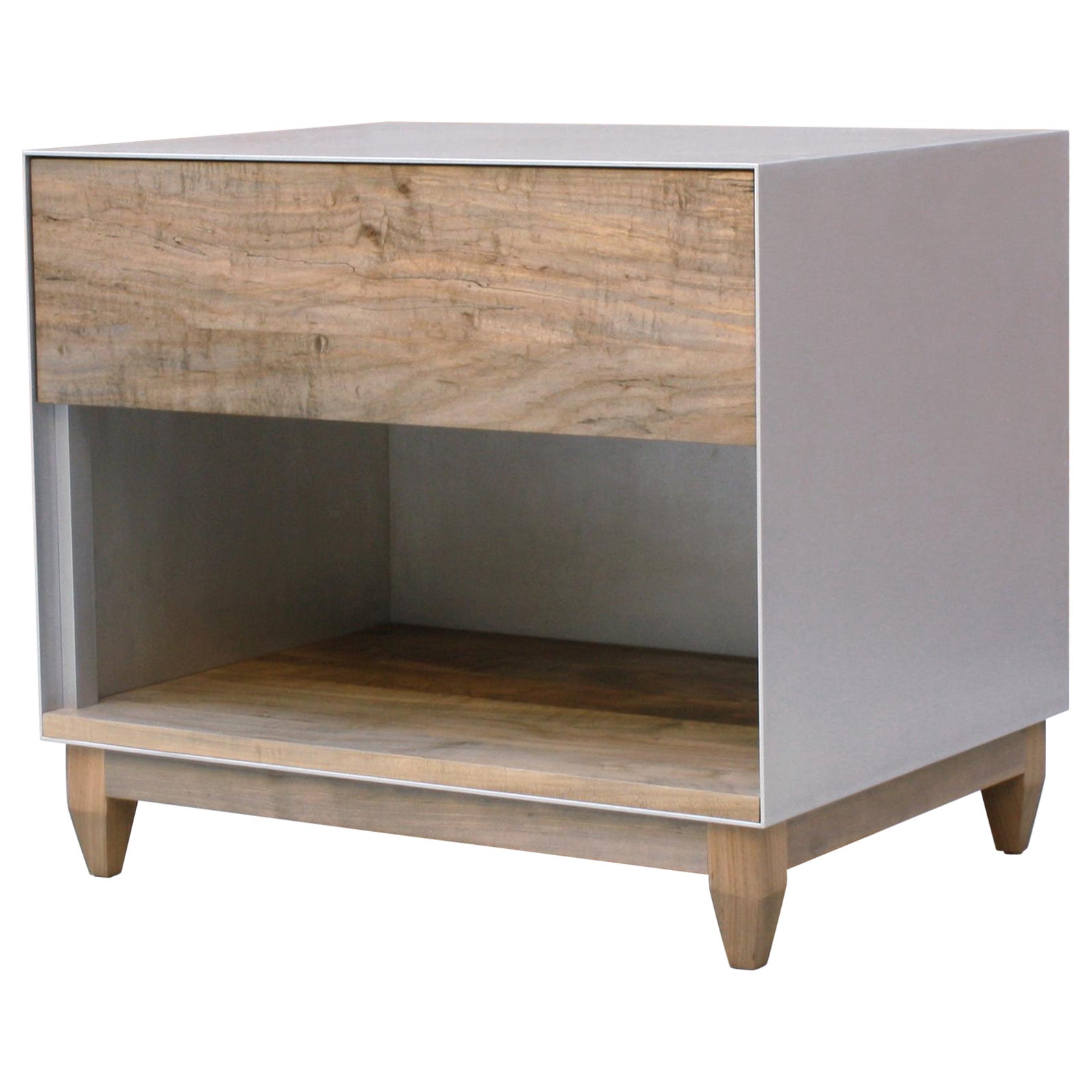 Oxide Metal Side Cabinet in Waxed Aluminum and Oxidized Maple by Laylo Studio