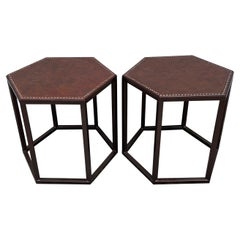 Pair of Hexagon Leather Top Side Tables with Studs
