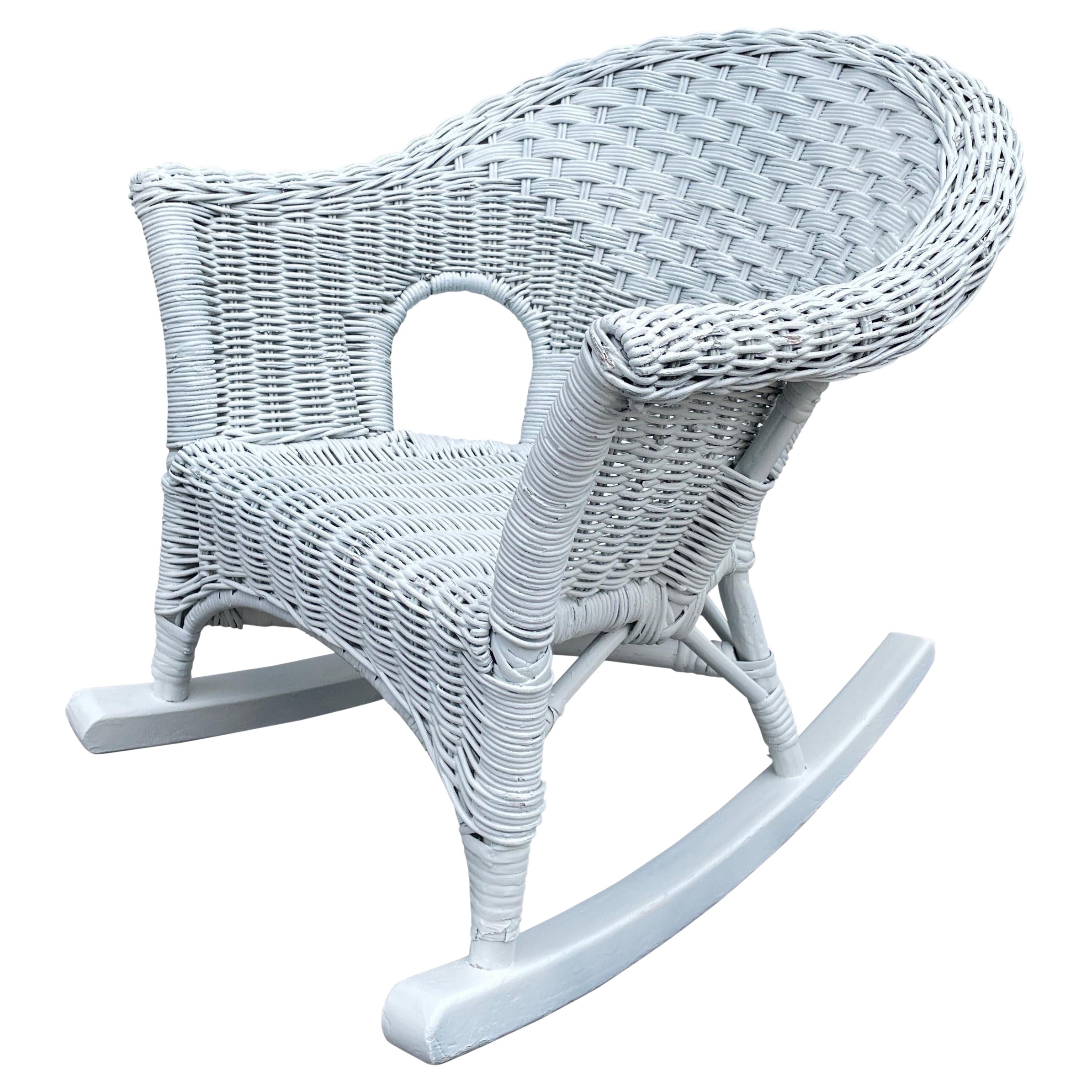 Antique White Wicker Child's Rocking Chair For Sale