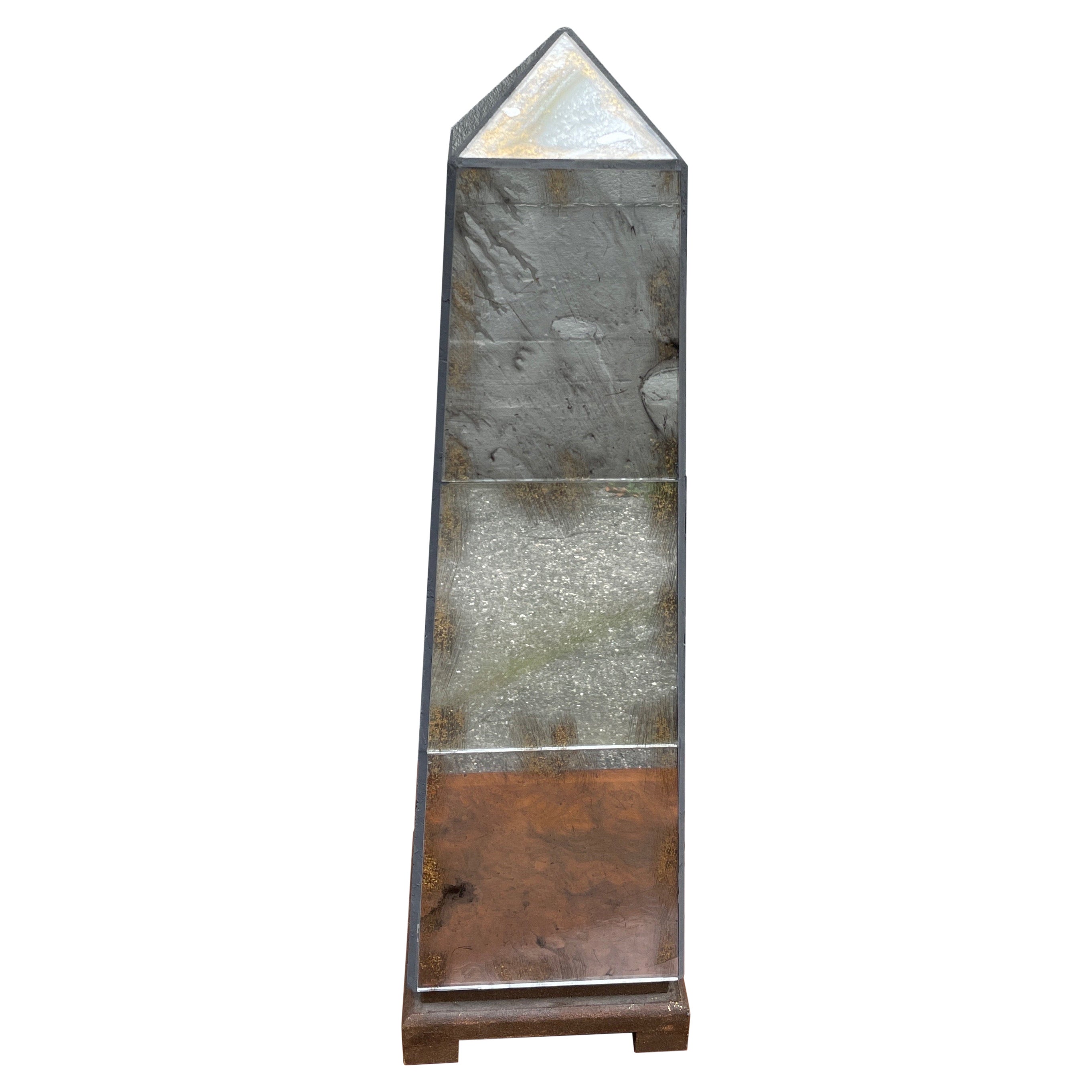 Large Venetian Style Antiqued Mirrored Obelisk For Sale