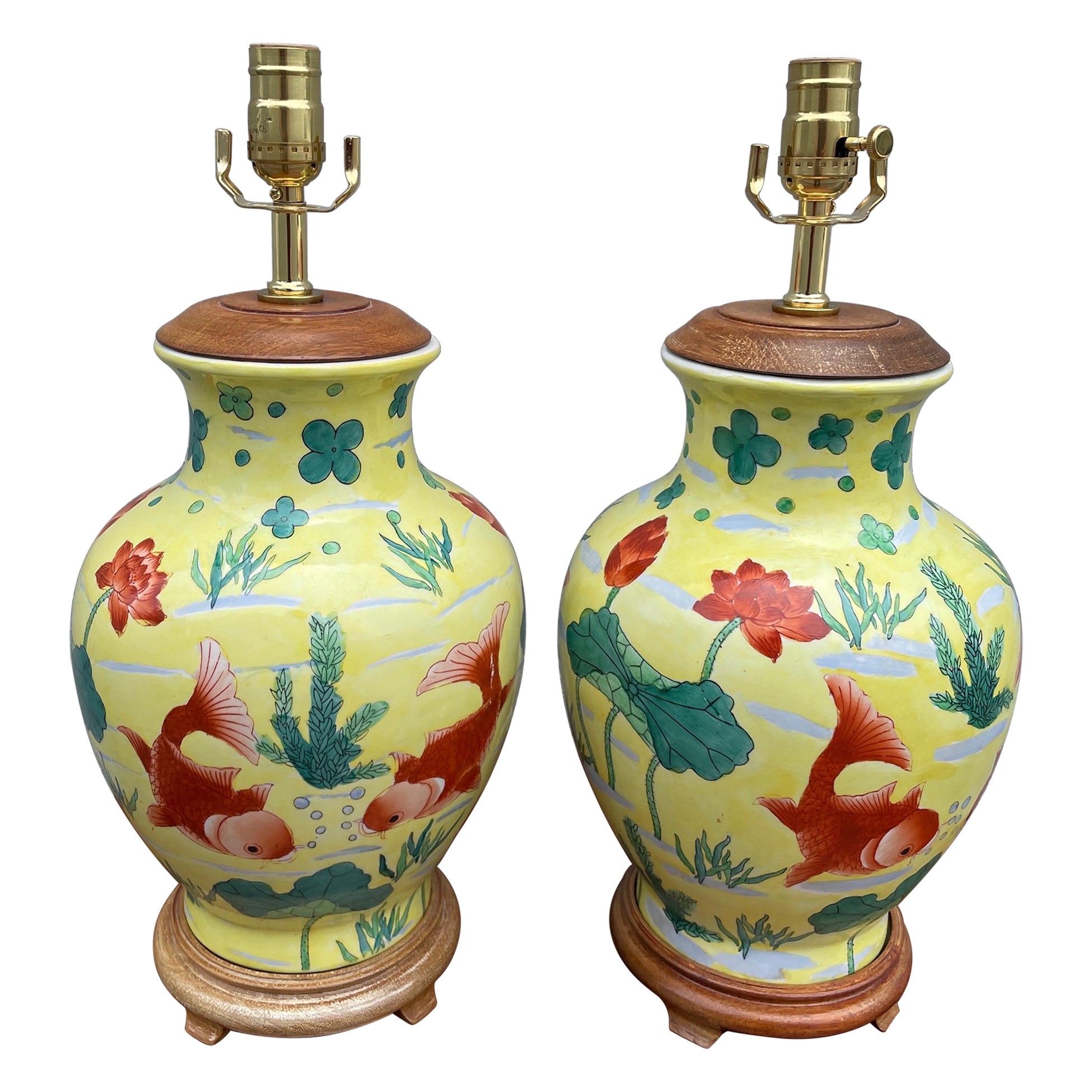 Pair of Chinese Yellow Ginger Jar Lamps with Coy Fish