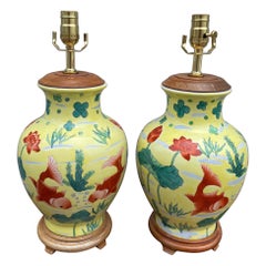 Vintage Pair of Chinese Yellow Ginger Jar Lamps with Coy Fish