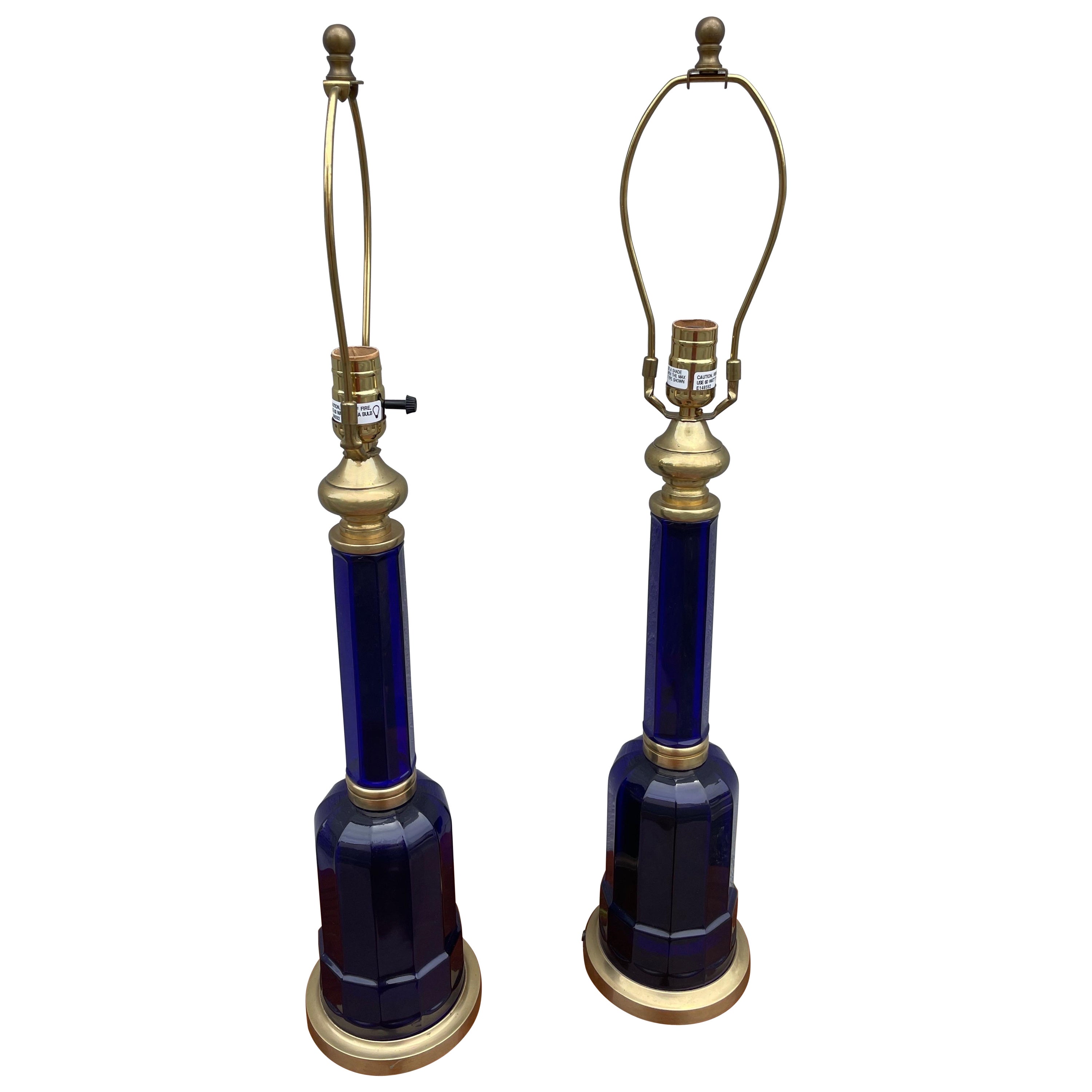 Pair of Cobalt Blue Glass & Brass Lamps by Vaughan
