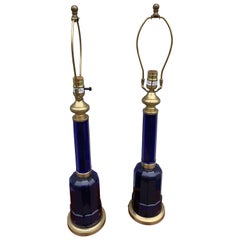 Used Pair of Cobalt Blue Glass & Brass Lamps by Vaughan