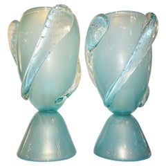 Barovier Toso Contemporary Italian Modern Pair of Aqua Blue Murano Glass Lamps