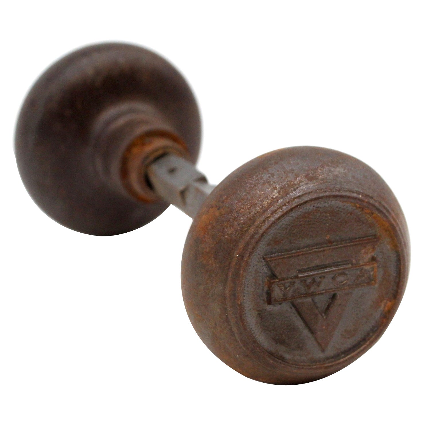 Emblematic Cast Iron YWCA Door Knob Set 2 Knobs Spindle For Sale
