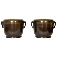 Pair 19th Century Antique Japanese Meiji Period Bronze Hibachi Censers 1868-1912