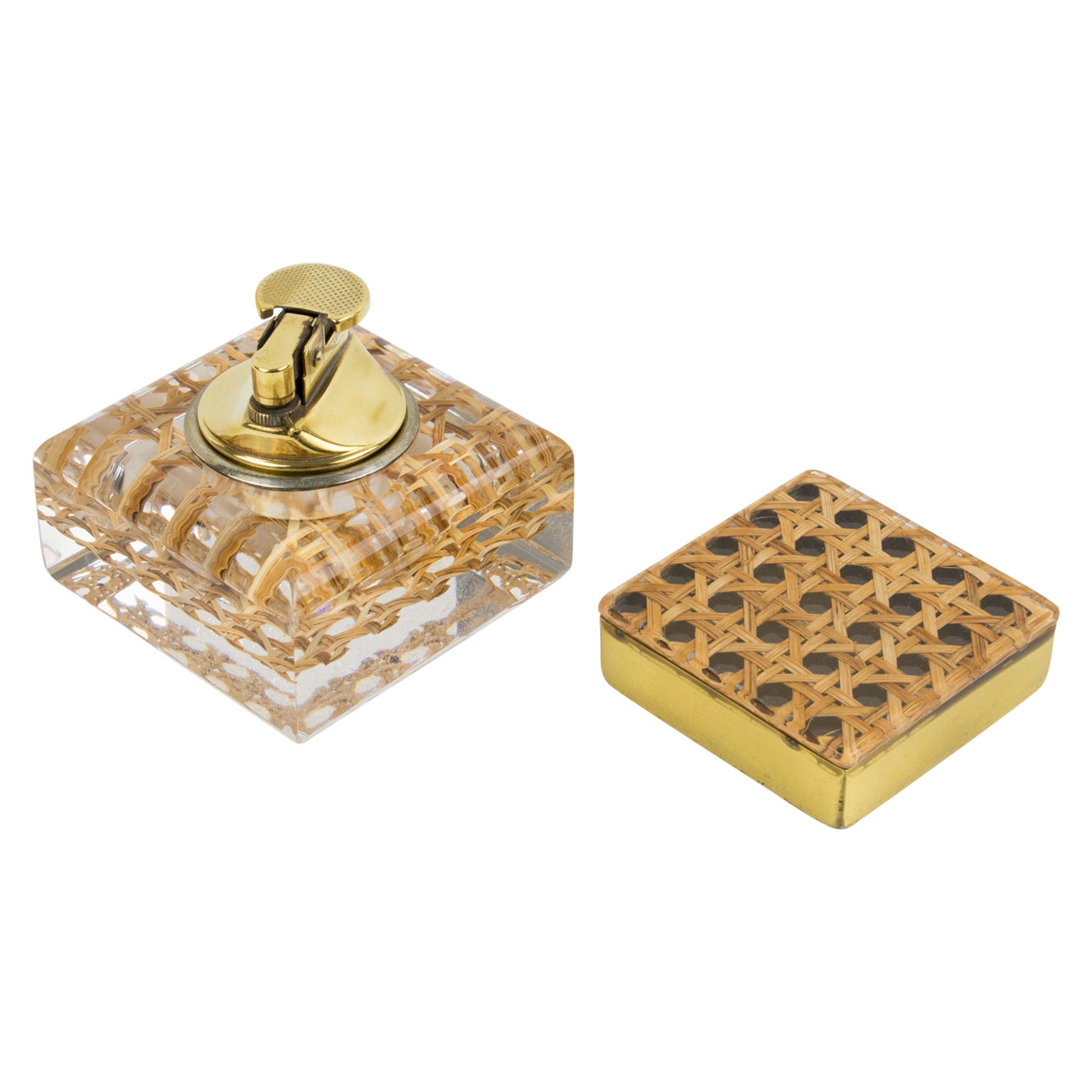 1970s Lucite, Rattan and Brass Smoking Set Lighter and Box