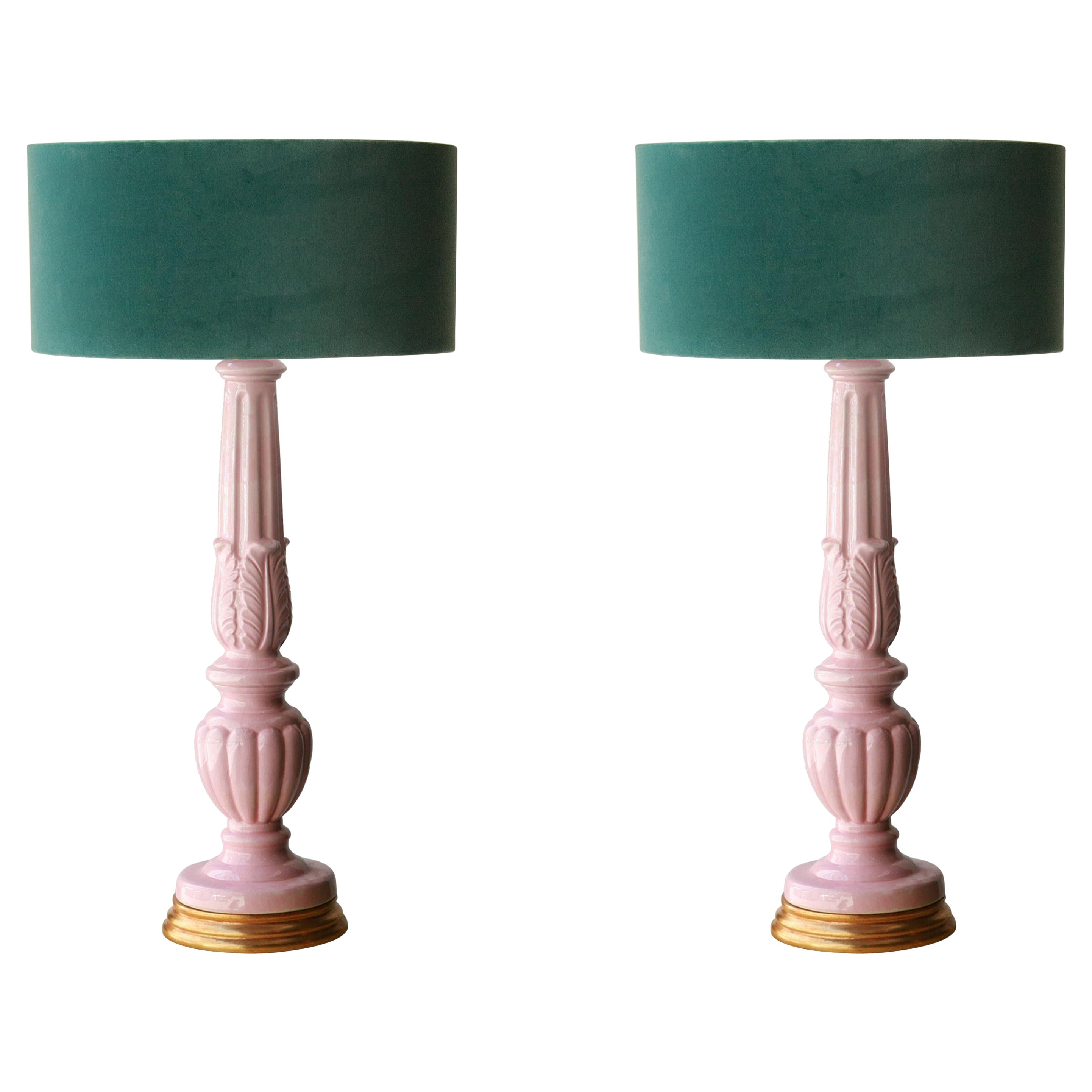 Mid-Century Modern Handcrafted Manises Ceramic Pink Green Pair of Table Lamps For Sale