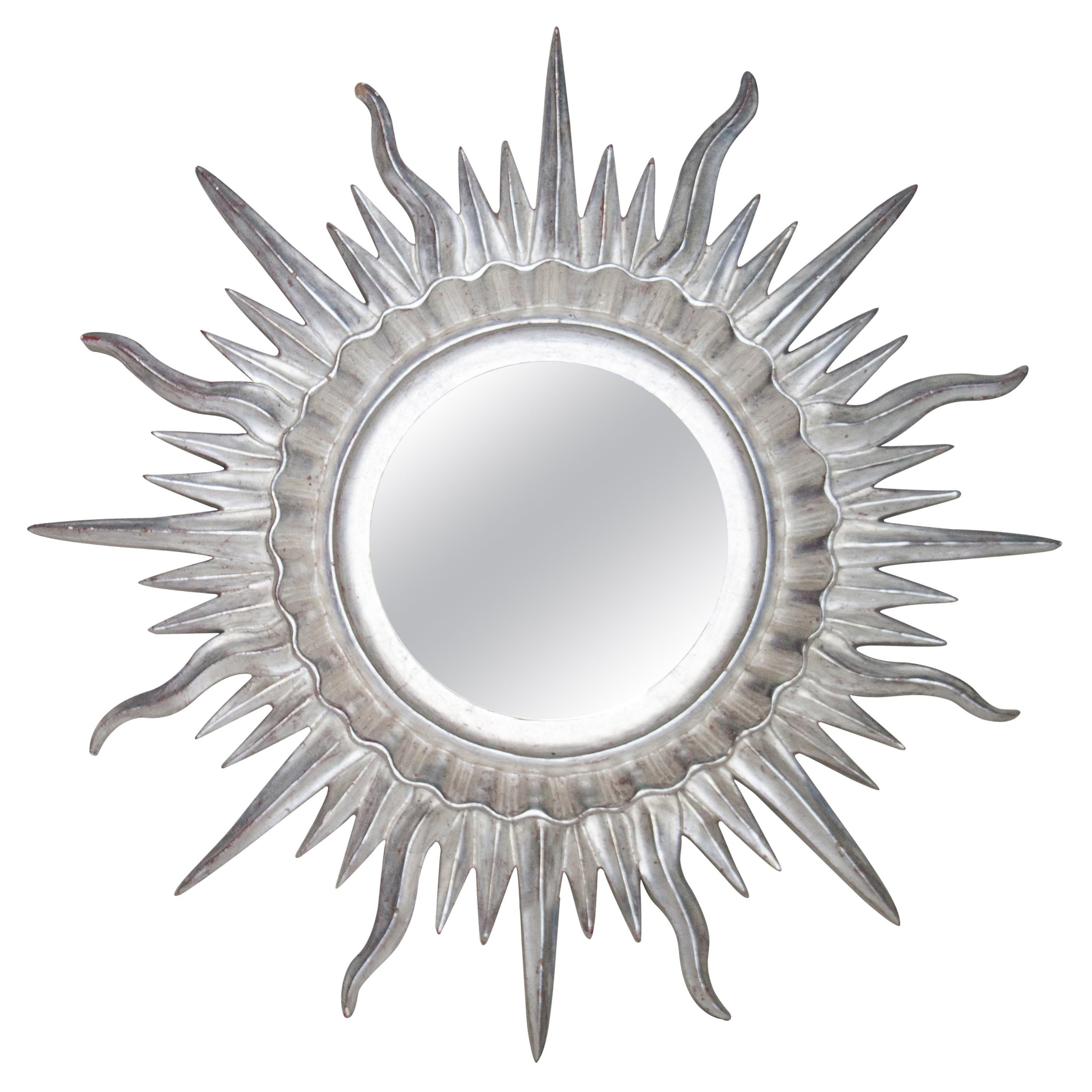 Mid-Century Modern Sun Silver Wood French Mirror, 1960 For Sale