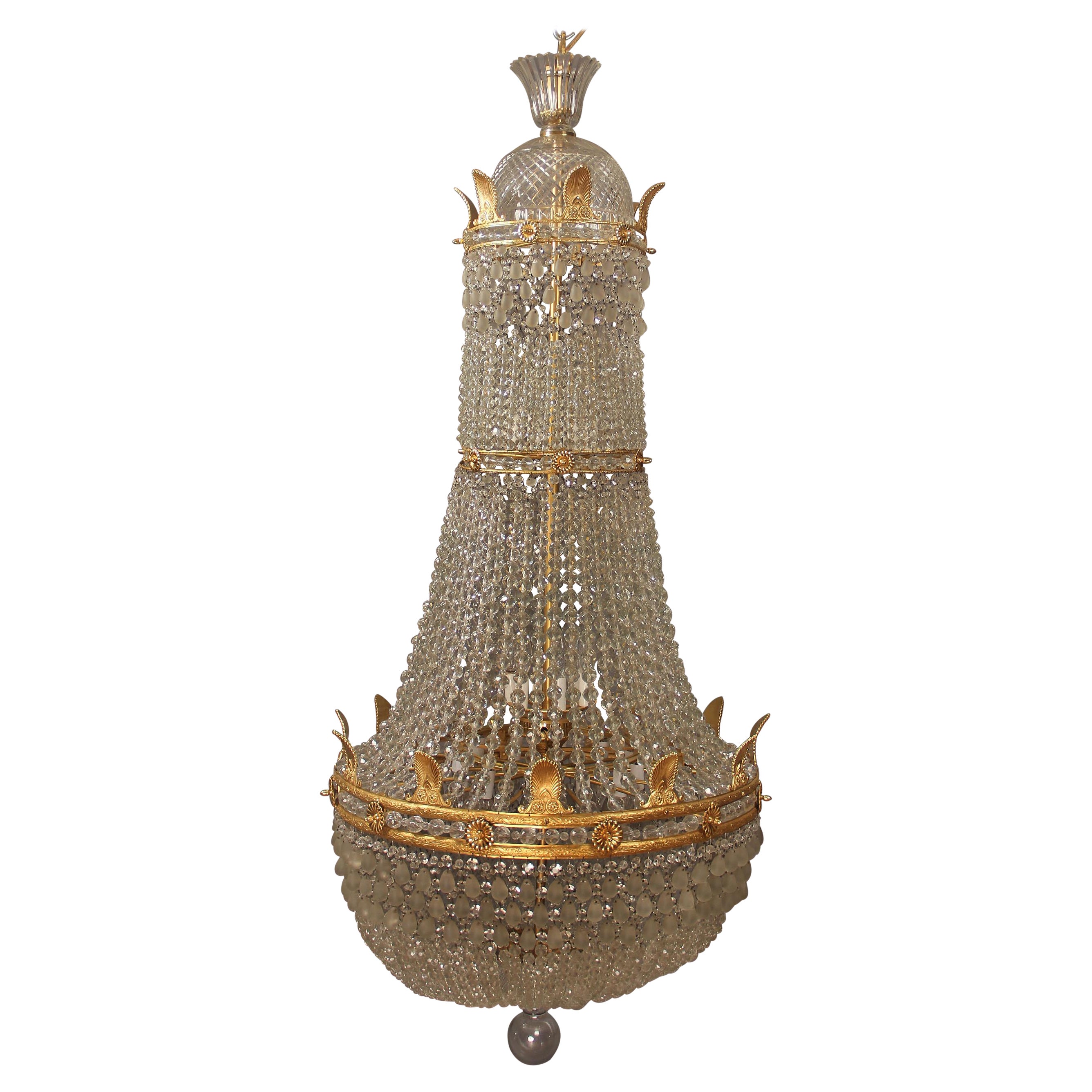 Late 19th/Early 20th Century Bronze and Beaded Empire Style Basket Chandelier For Sale