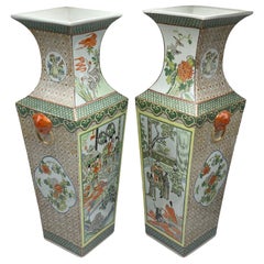 Pair Famille Verte Chinese Porcelain Vases on Stands