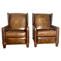 Vintage Pair of Leather Embossed Armchairs / Recliners, 20th Century