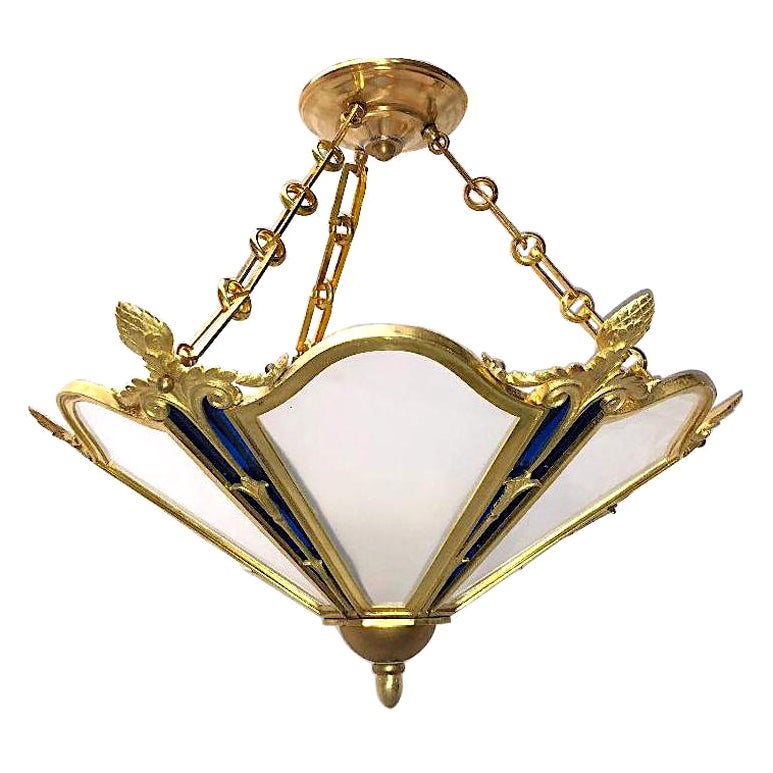 Luminaire néoclassique en bronze avec miroir bleu cobalt en vente