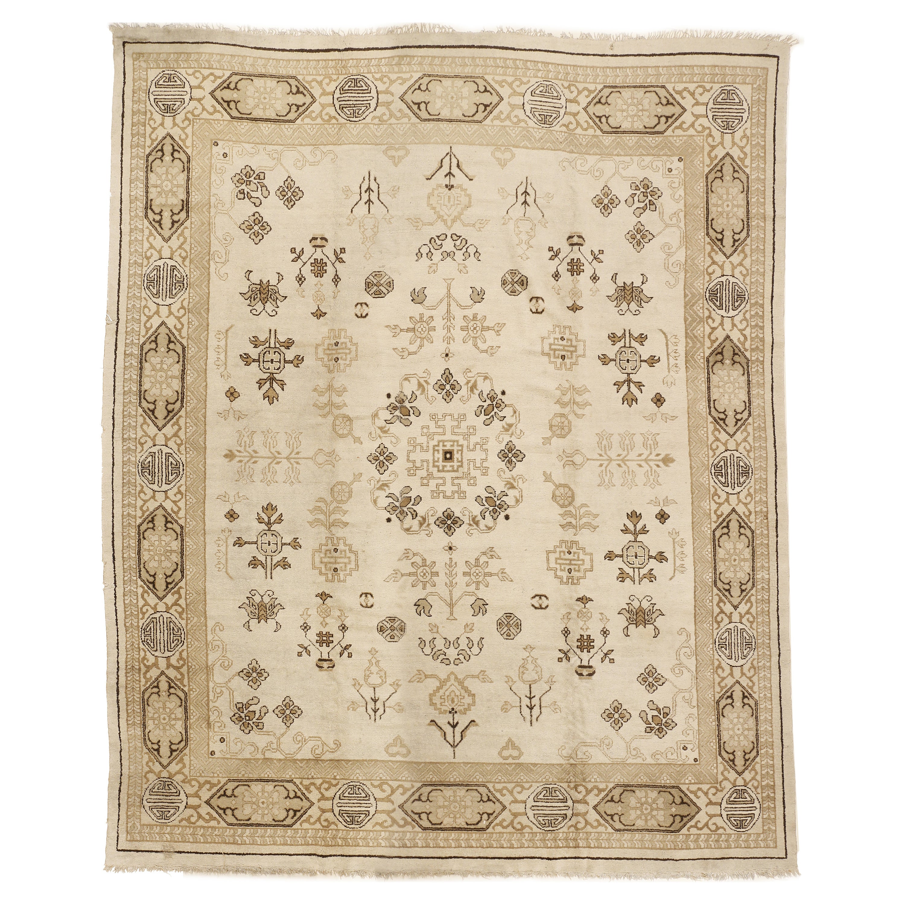 Antique Ivory Indochine Rug with Stylised Pattern and Cartouche Border For Sale