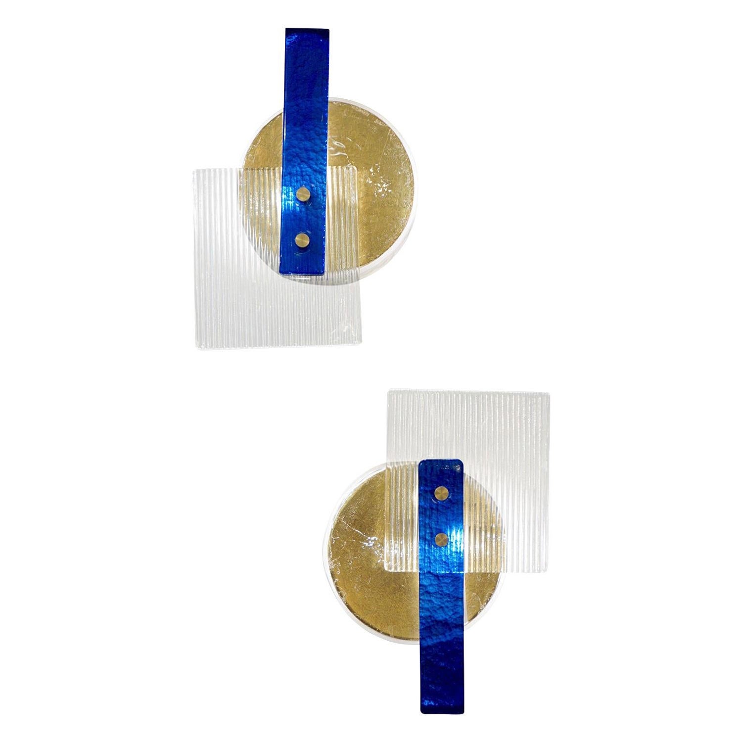 Italian Pair of Abstract Modern Gold Sapphire and Crystal Murano Glass Sconces For Sale