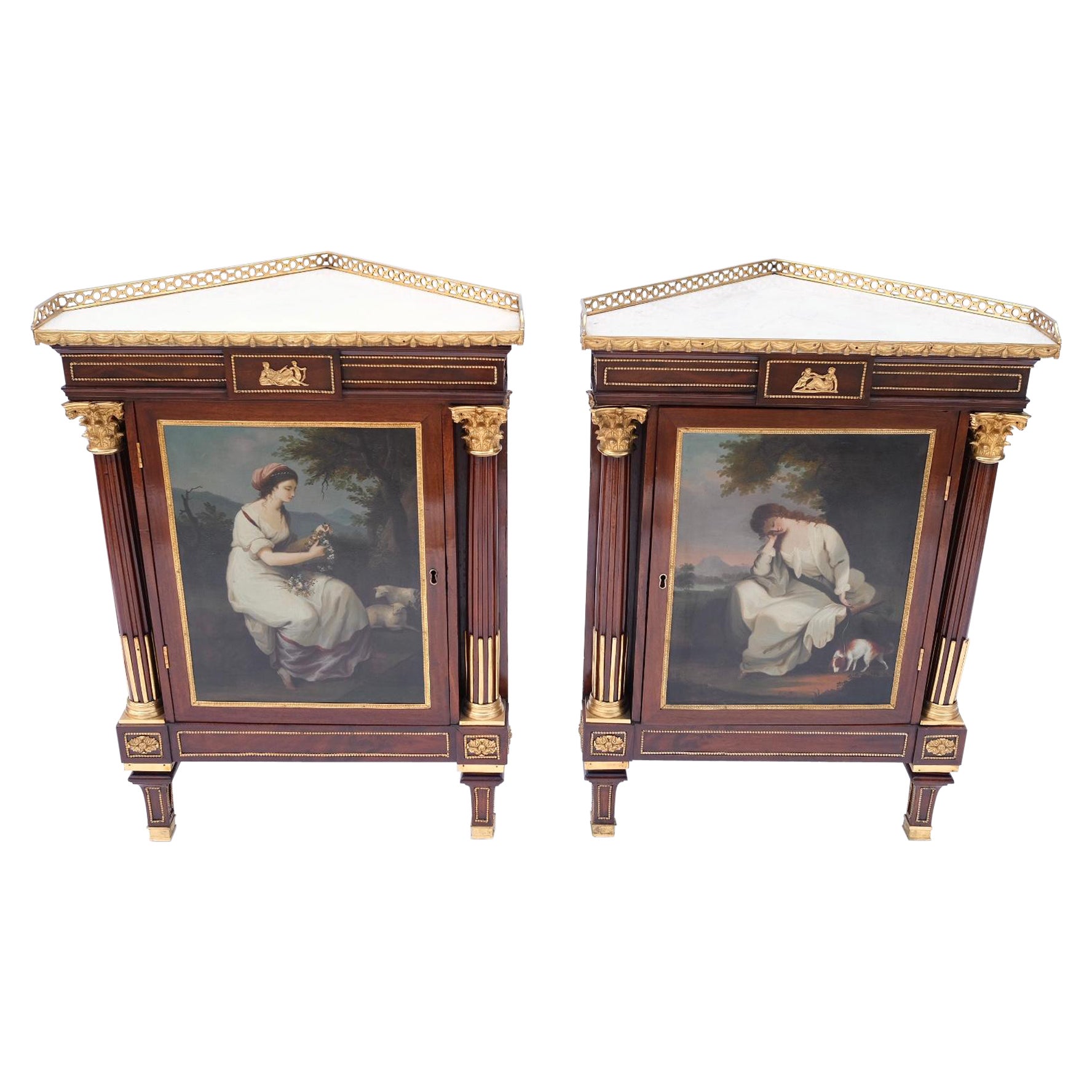 Pair of 19th Century French Bronze-Mounted Corner Cabinets For Sale