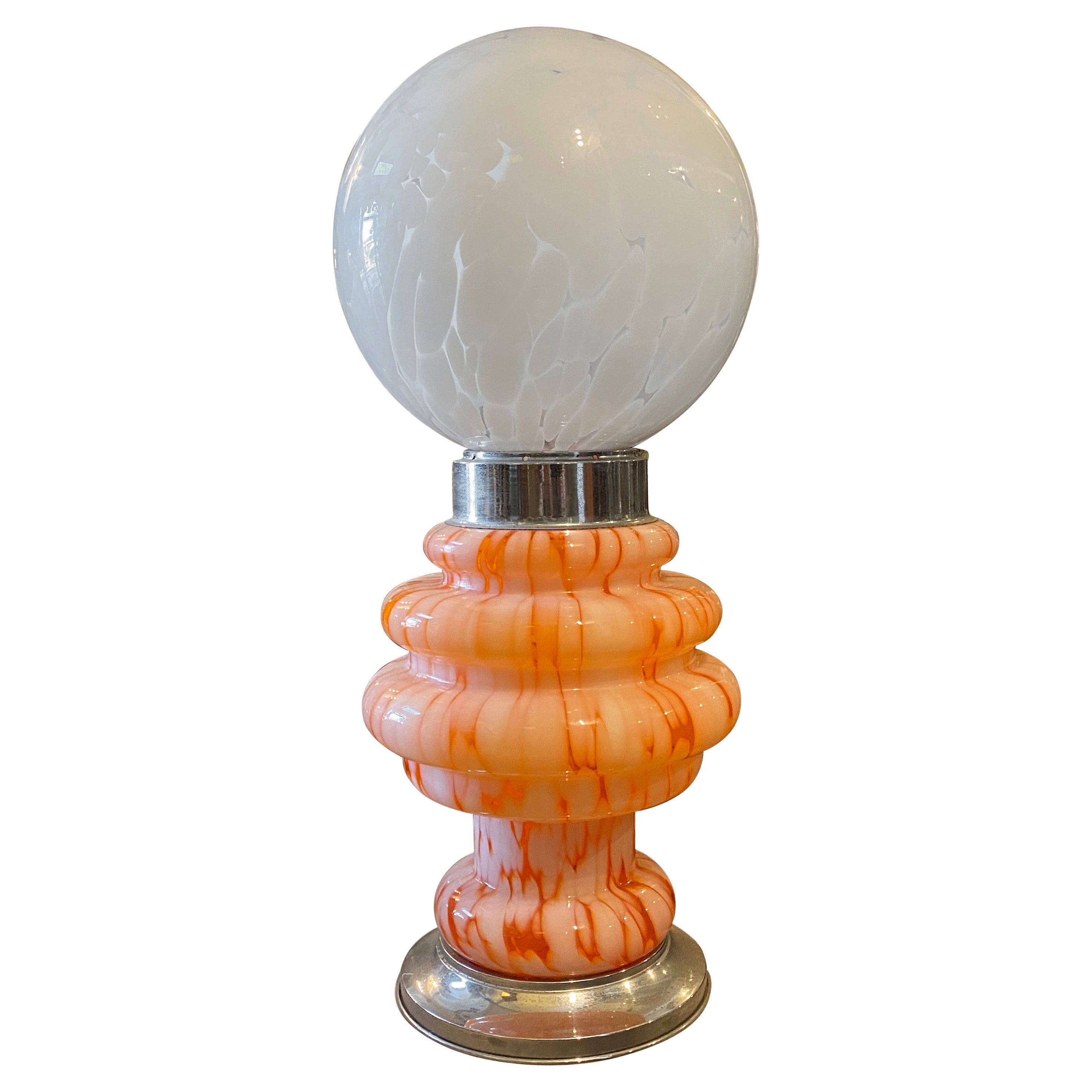 1970s Space Age Orange and White Glass Italian Table Lamp by Mazzega