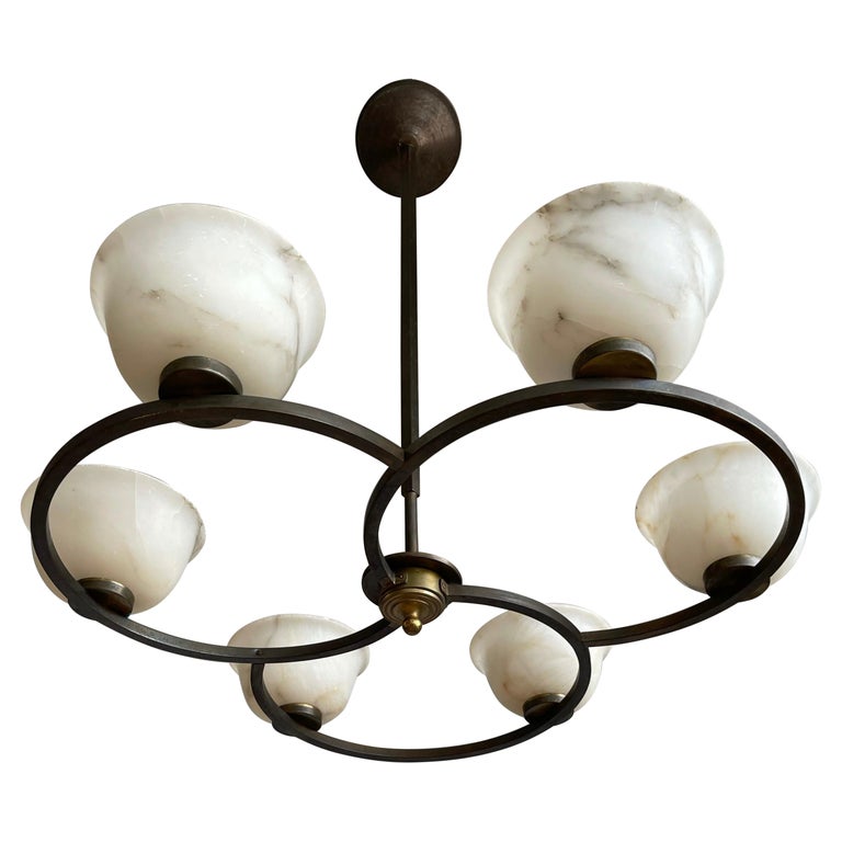 Visually Striking MidCentury Modern Alabaster and Brass Chandelier
