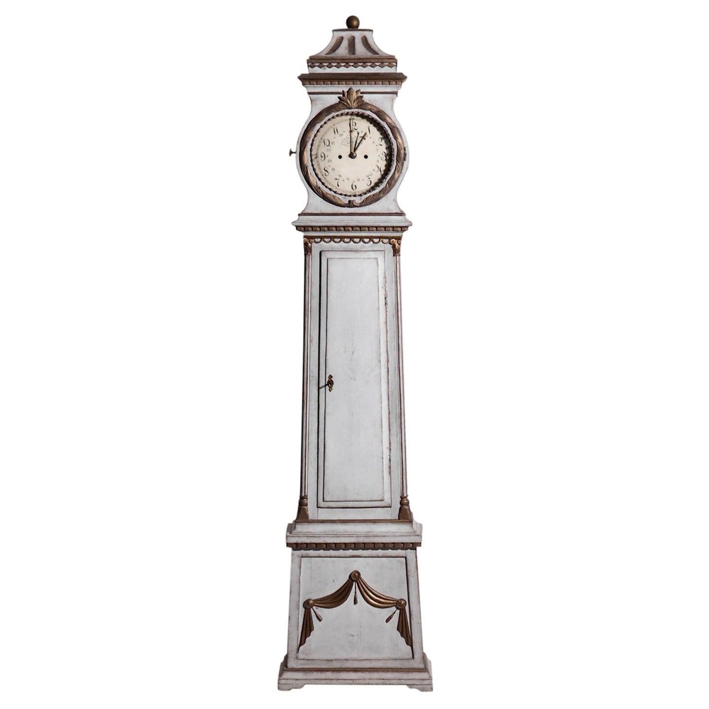 18th Century White-Grey Swedish Gustavian Brass, Pinewood Grandfather Clock