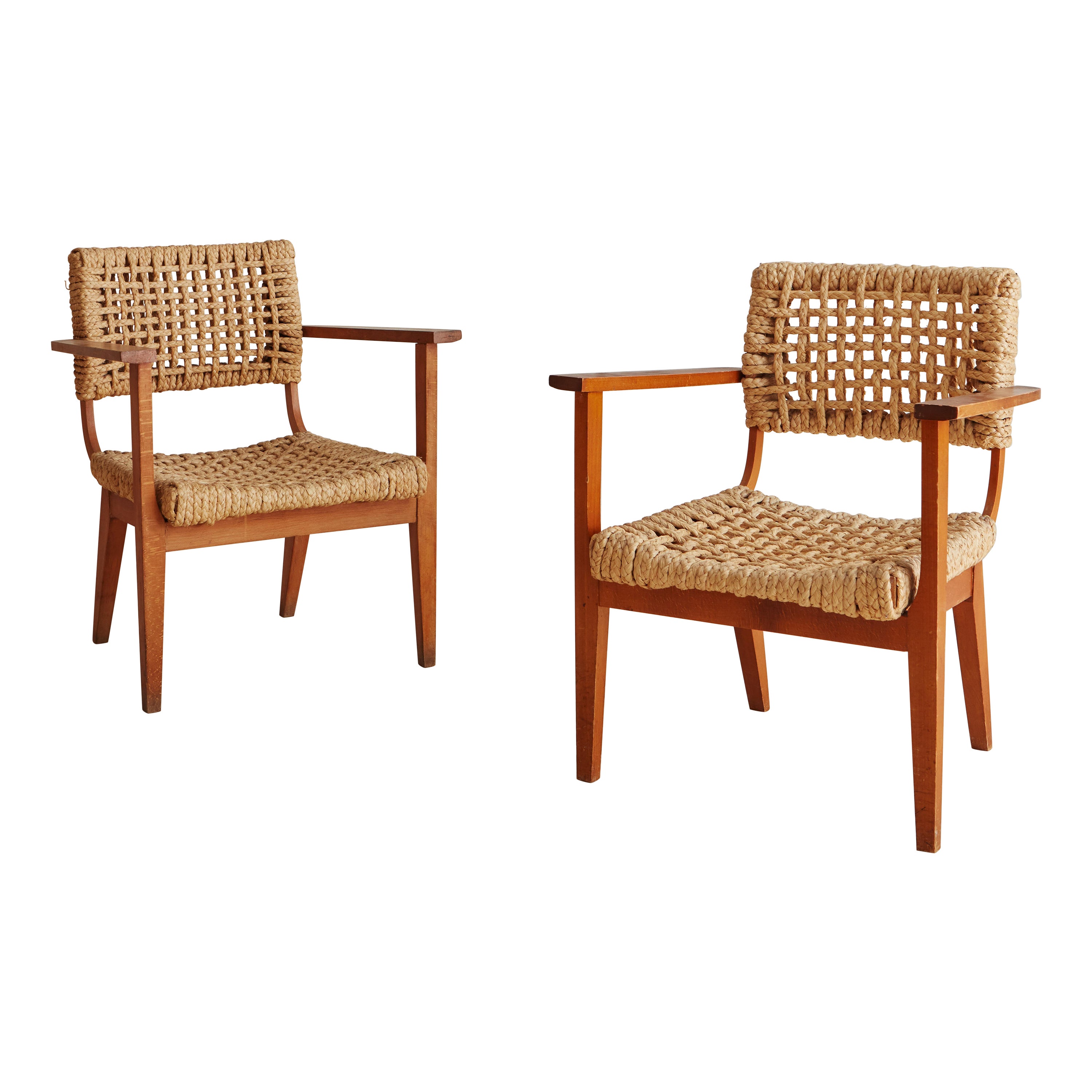 Pair of Audoux + Minet Rope and Wood Lounge Chairs