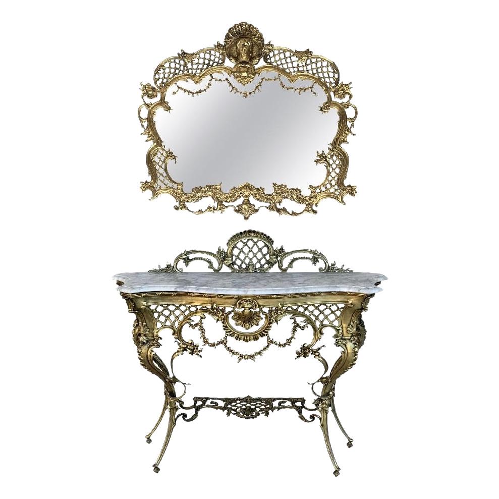 19th Century French Bronze Console Table or Vanity with White Marble Top and Cre